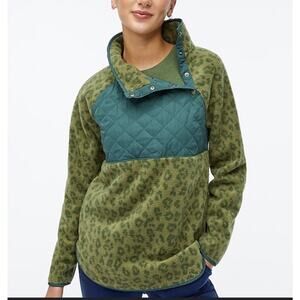 J.Crew Sherpa Fleece Pullover – Green Leopard – Snap Neck – Size Small